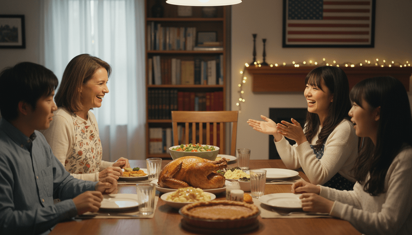 Japanese young adult dining with an American host family in Japan, sharing conversation
