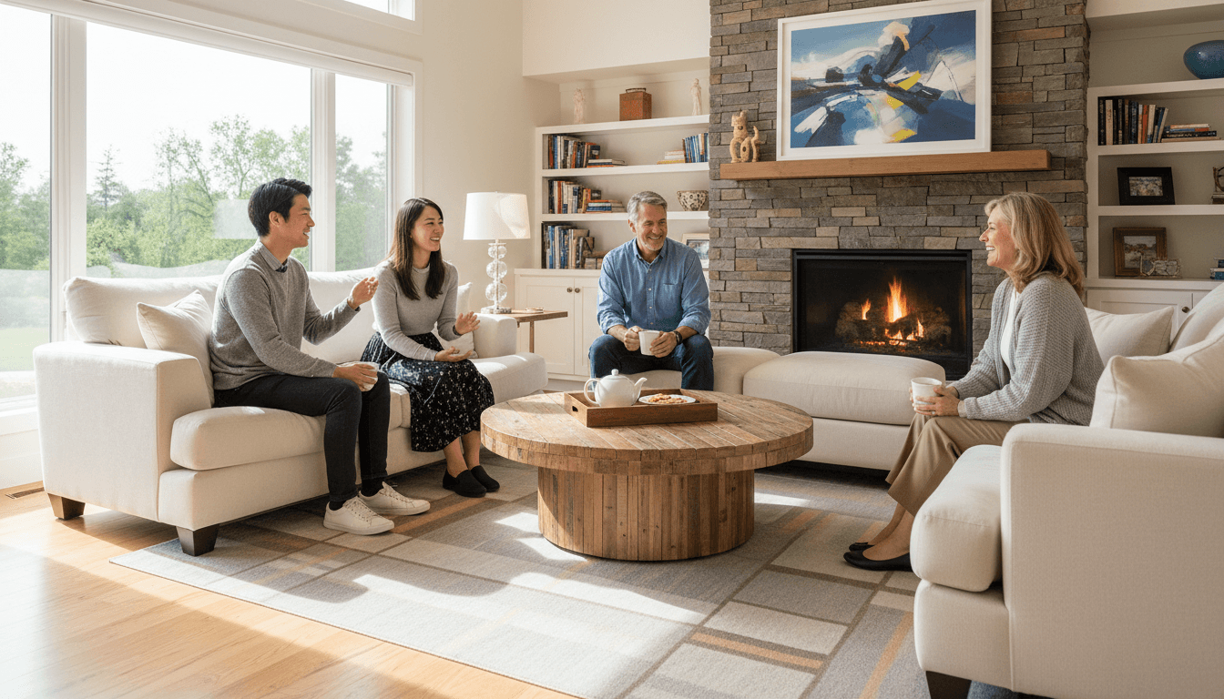 ホストファミリーと日本人ゲストが温かい雰囲気のリビングルームで会話している様子