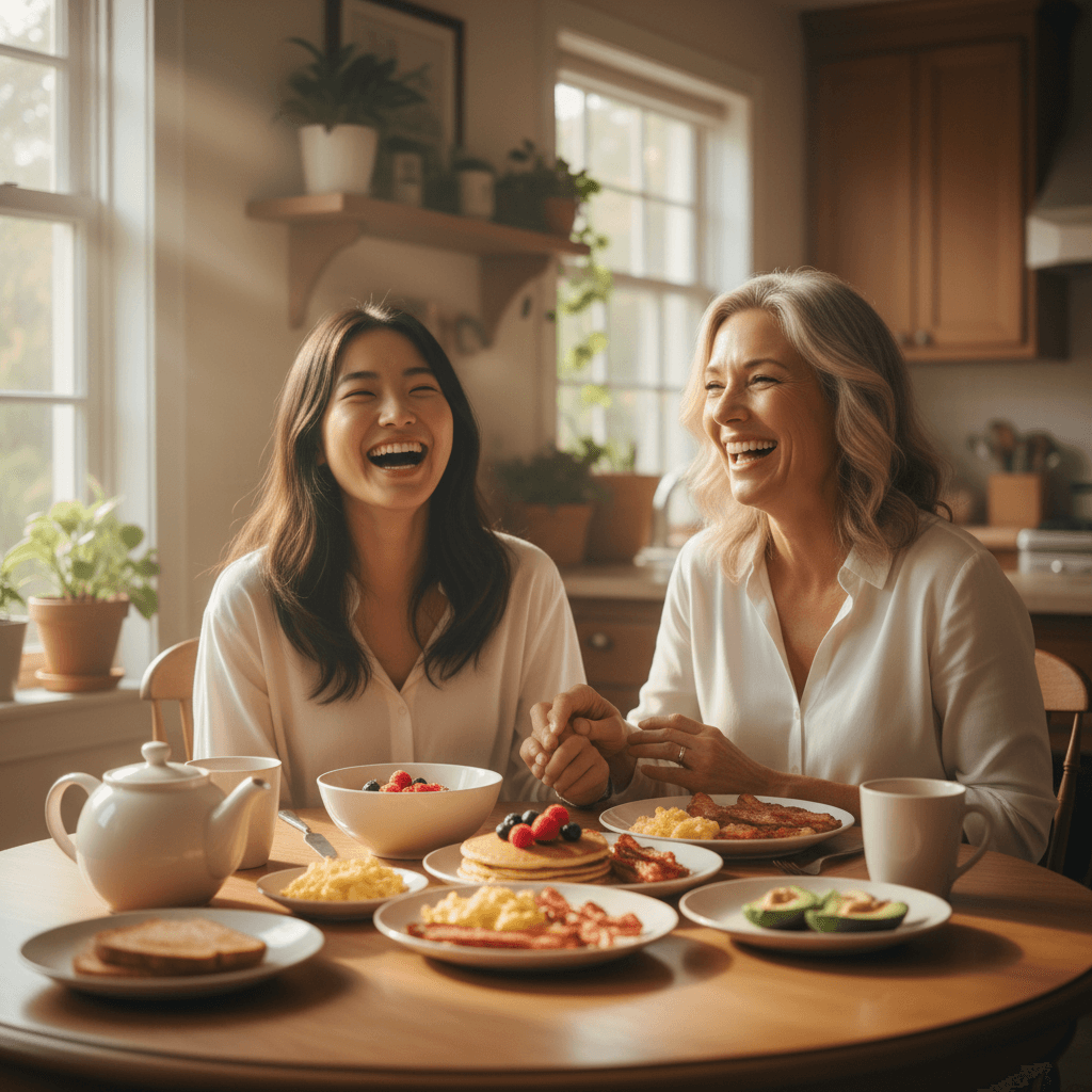 ホストマザーと朝食時に会話する日本人女性