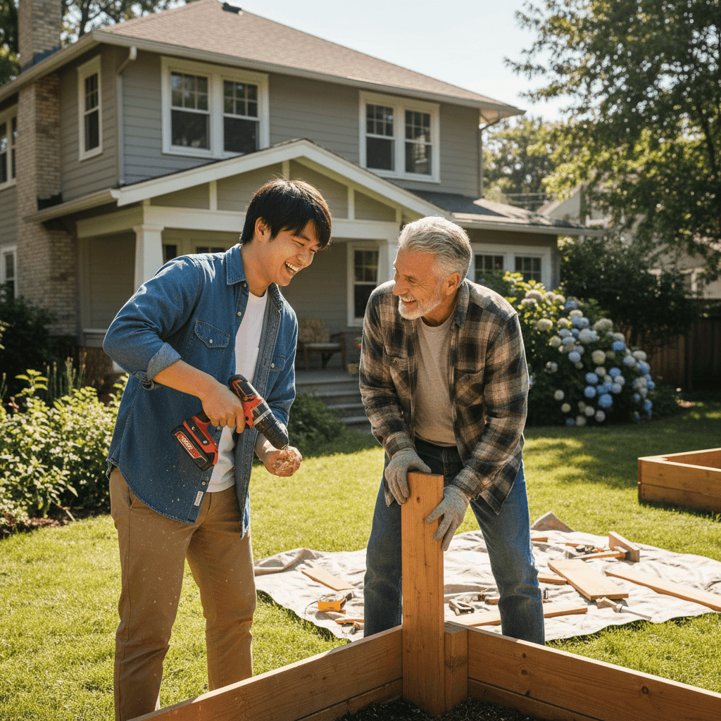 ホストファーザーと一緒に日常の活動をする日本人男性