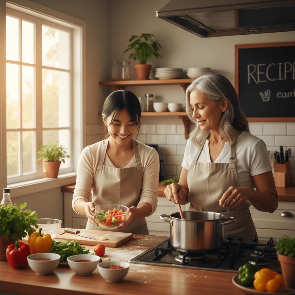 キッチンでホストファミリーと一緒に料理をする様子