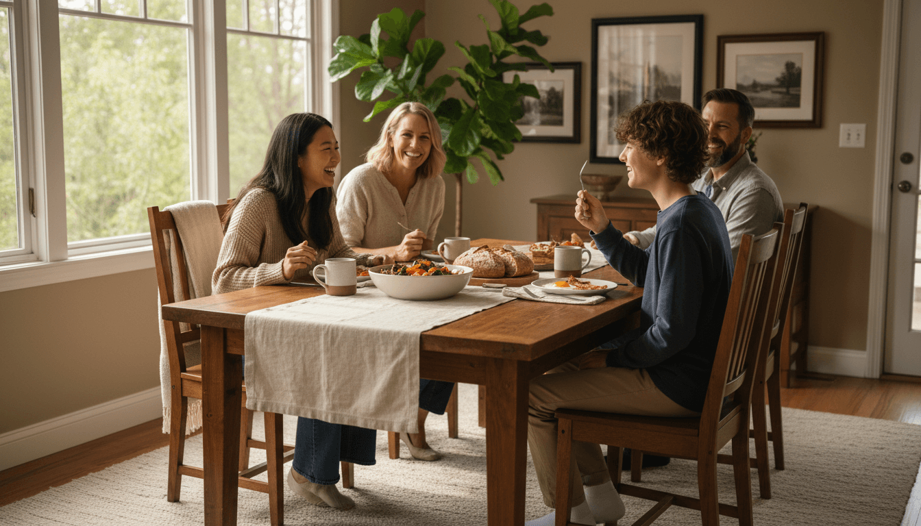 アメリカ人ホストファミリーとの食卓での自然な会話シーン