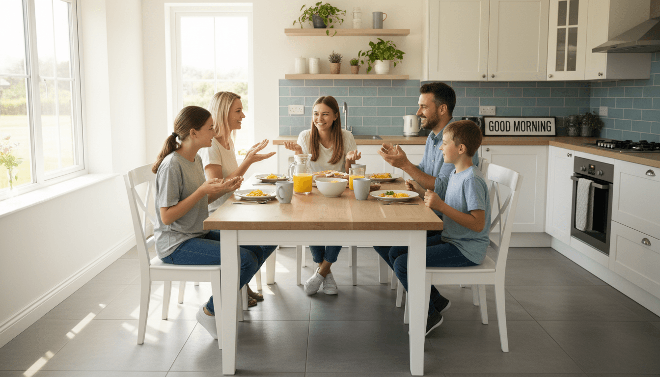 明るいキッチンのテーブルで朝食を囲み、会話を楽しむ家族