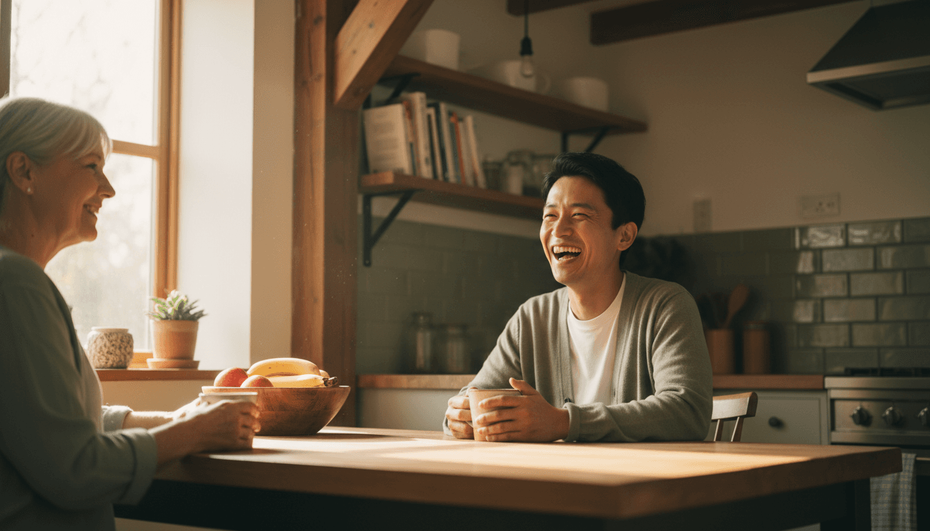日本人の若い成人がアメリカ人のホストファミリーとキッチンテーブルでコーヒーを飲みながらリラックスして会話している自然な様子