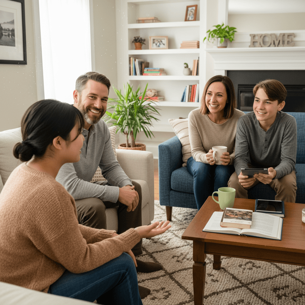 Japanese exchange student chatting with American host family in a living room