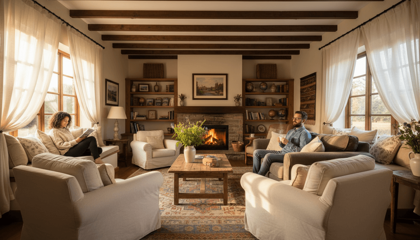 Warm, sunlit guesthouse common room with diverse guests relaxing in comfortable seating amid local artwork and cozy furnishings