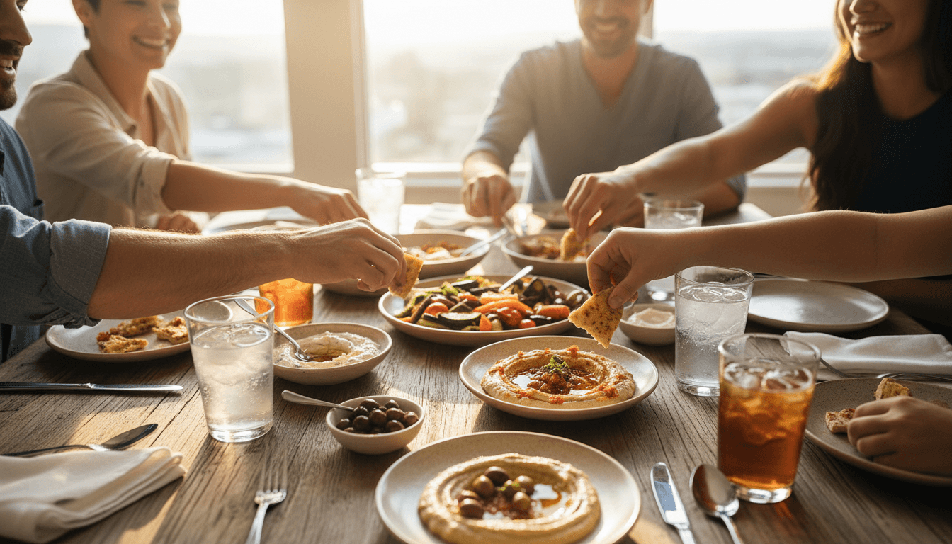 Overhead view of diverse hands reaching across wooden table sharing appetizers and drinks during family meal