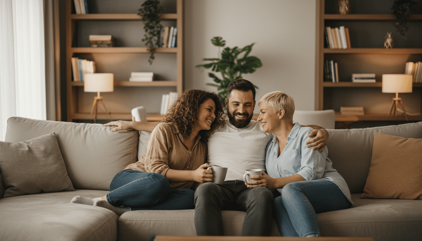 Three adults sitting together on a sofa in warm natural light, engaged in comfortable conversation in a modern living room
