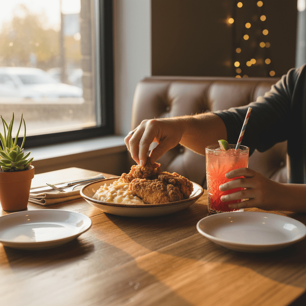 Parent and child sharing a meal together at a casual dining table with comfort food and beverages in warm natural light