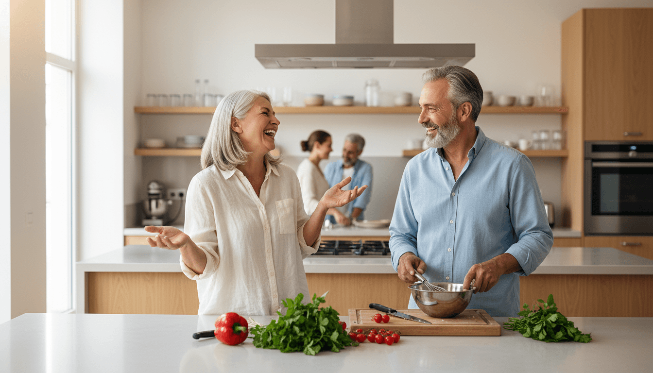 Two smiling mature adults preparing food together in a bright, modern communal kitchen with natural light