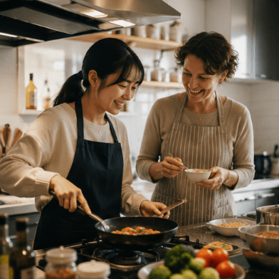 明るいキッチンで、エプロンを着た二人の女性が笑顔でフライパンを使い料理を楽しむ様子。