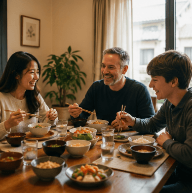 笑顔で食卓を囲み、箸を使って和食を楽しみながら談笑する3人の幸せな家族。