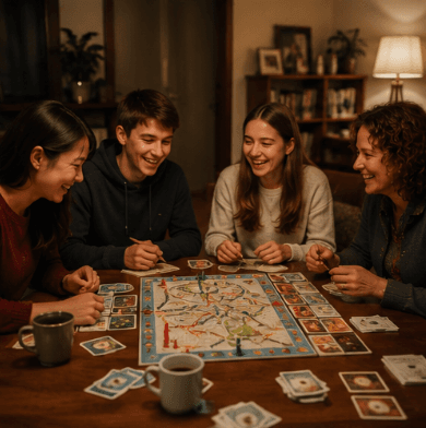 暖かい照明の部屋で、笑顔の男女4人が木製のテーブルを囲んでボードゲームを楽しんでいる。