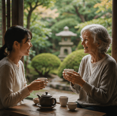 美しい日本庭園を背景に、お茶を飲みながら和やかに談笑する若い女性と年配の女性。